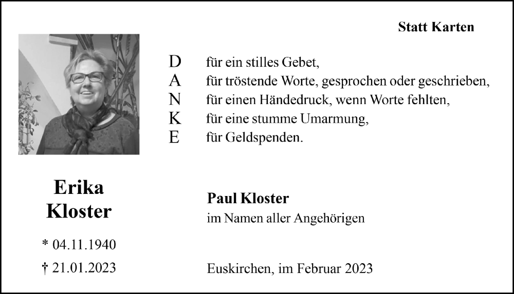  Traueranzeige für Erika Kloster vom 25.02.2023 aus  Blickpunkt Euskirchen 
