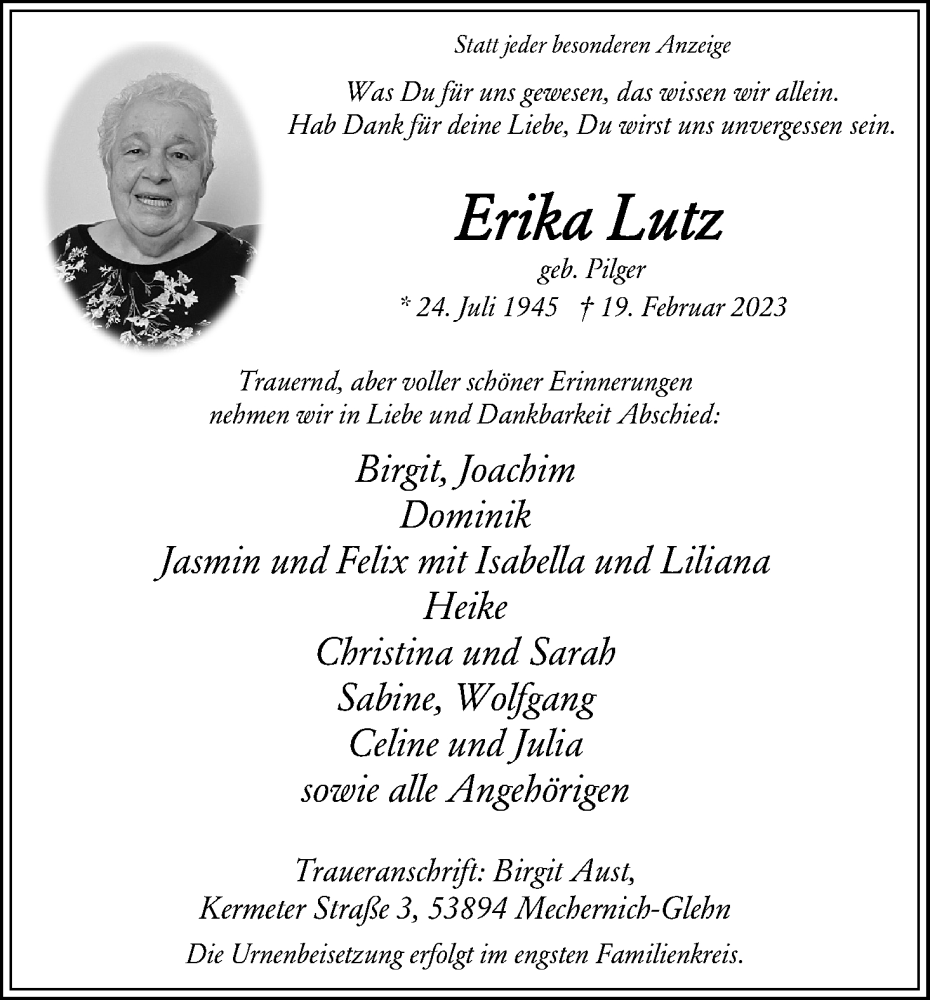  Traueranzeige für Erika Lutz vom 25.02.2023 aus Kölner Stadt-Anzeiger / Kölnische Rundschau / Express