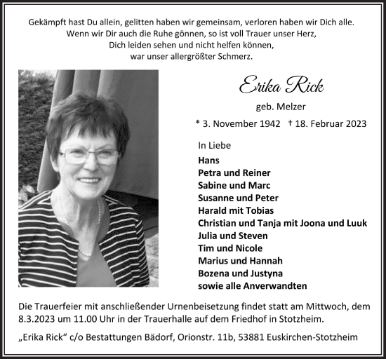 Anzeige von Erika Rick von  Blickpunkt Euskirchen 