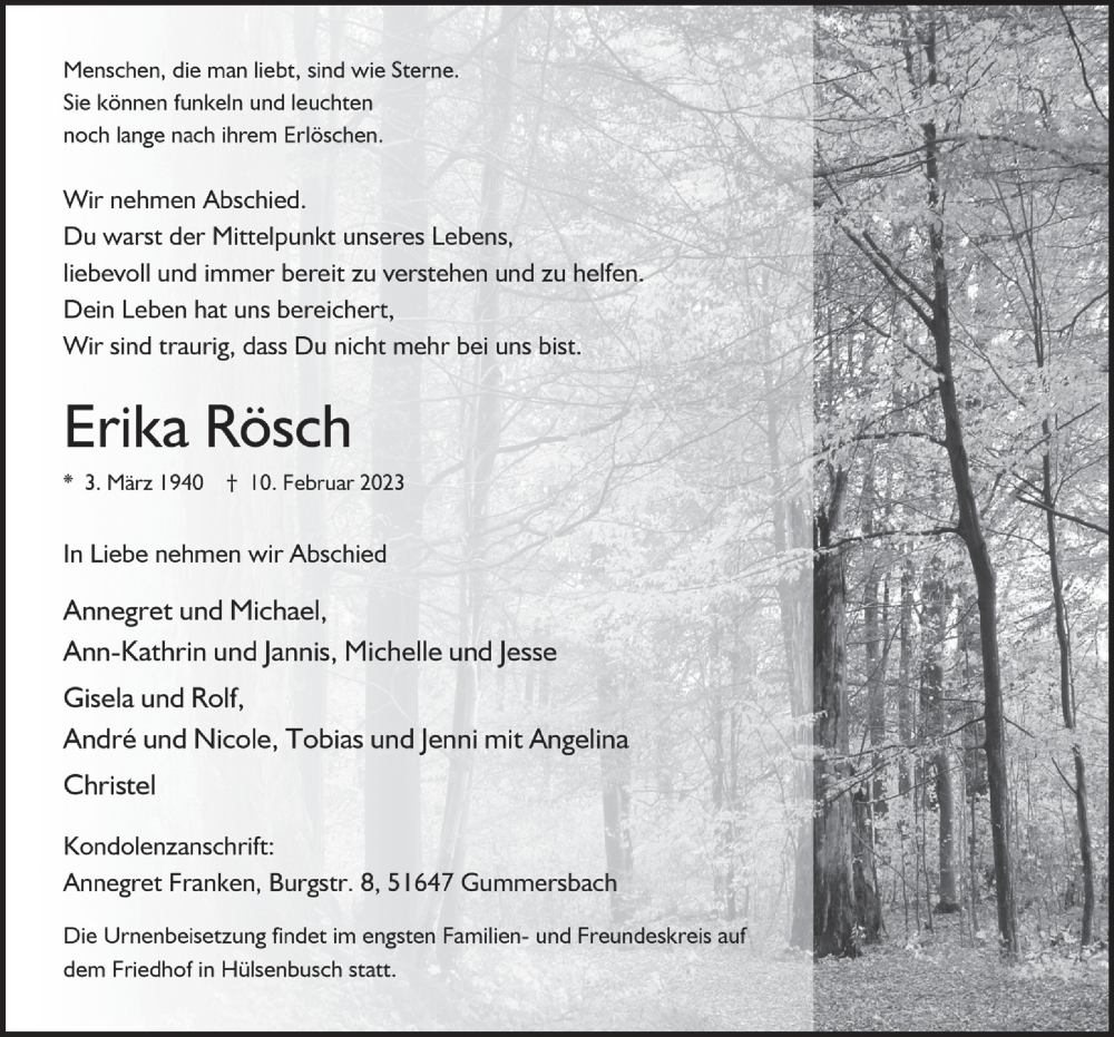  Traueranzeige für Erika Rösch vom 17.02.2023 aus  Anzeigen Echo 