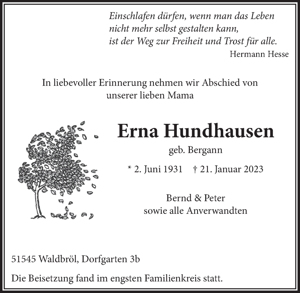  Traueranzeige für Erna Hundhausen vom 10.02.2023 aus  Lokalanzeiger 