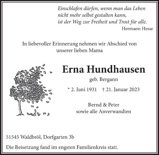 Anzeige von Erna Hundhausen von  Lokalanzeiger 