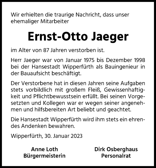 Anzeige von Ernst-Otto Jaeger von Kölner Stadt-Anzeiger / Kölnische Rundschau / Express