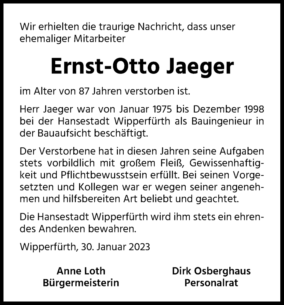  Traueranzeige für Ernst-Otto Jaeger vom 04.02.2023 aus Kölner Stadt-Anzeiger / Kölnische Rundschau / Express