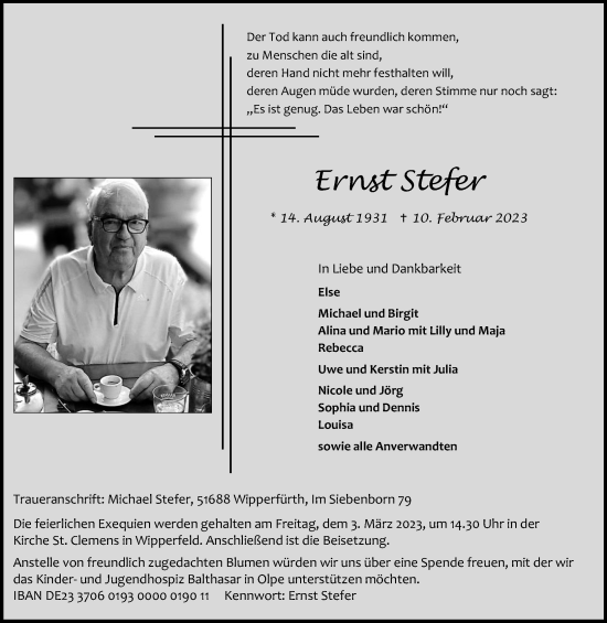 Anzeige von Ernst Stefer von Kölner Stadt-Anzeiger / Kölnische Rundschau / Express