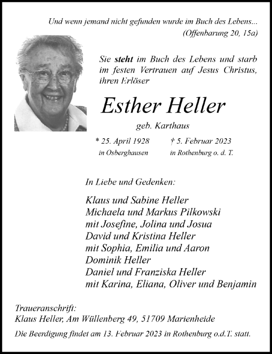 Anzeige von Esther Heller von  Anzeigen Echo 