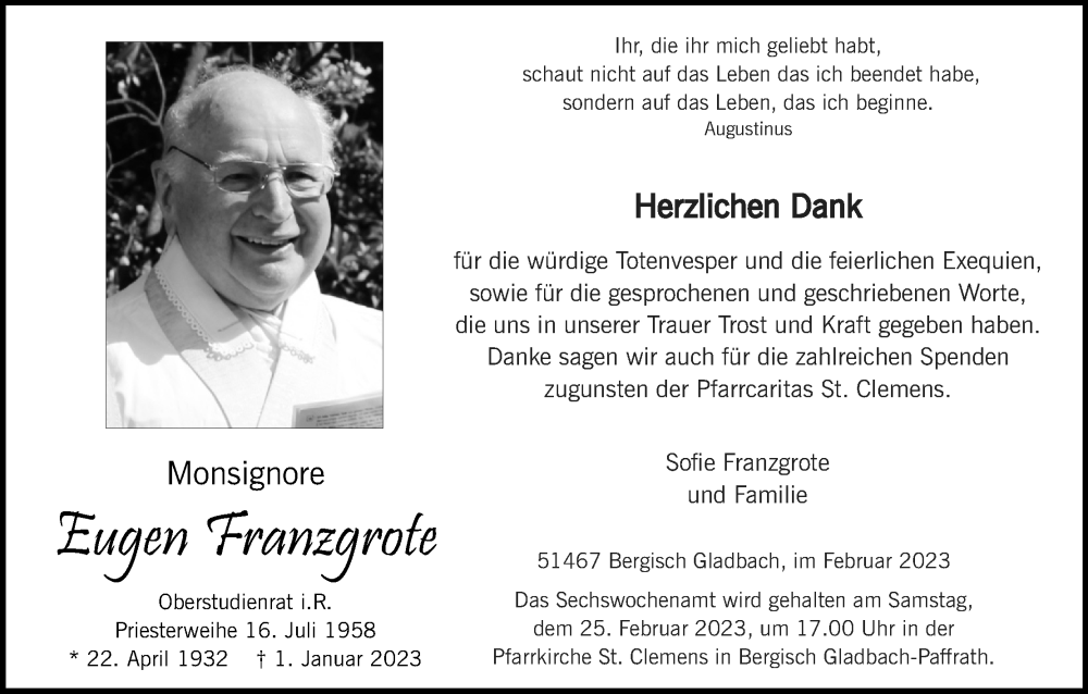  Traueranzeige für Eugen Franzgrote vom 18.02.2023 aus Kölner Stadt-Anzeiger / Kölnische Rundschau / Express