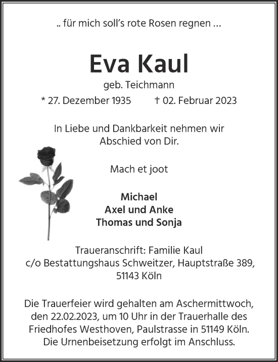 Anzeige von Eva Kaul von  EXPRESS - Die Woche 