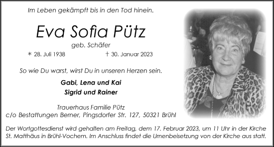 Anzeige von Eva Sofia Pütz von  Schlossbote/Werbekurier 