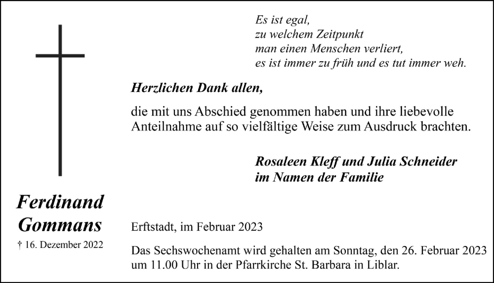  Traueranzeige für Ferdinand Gommans vom 10.02.2023 aus  Werbepost 