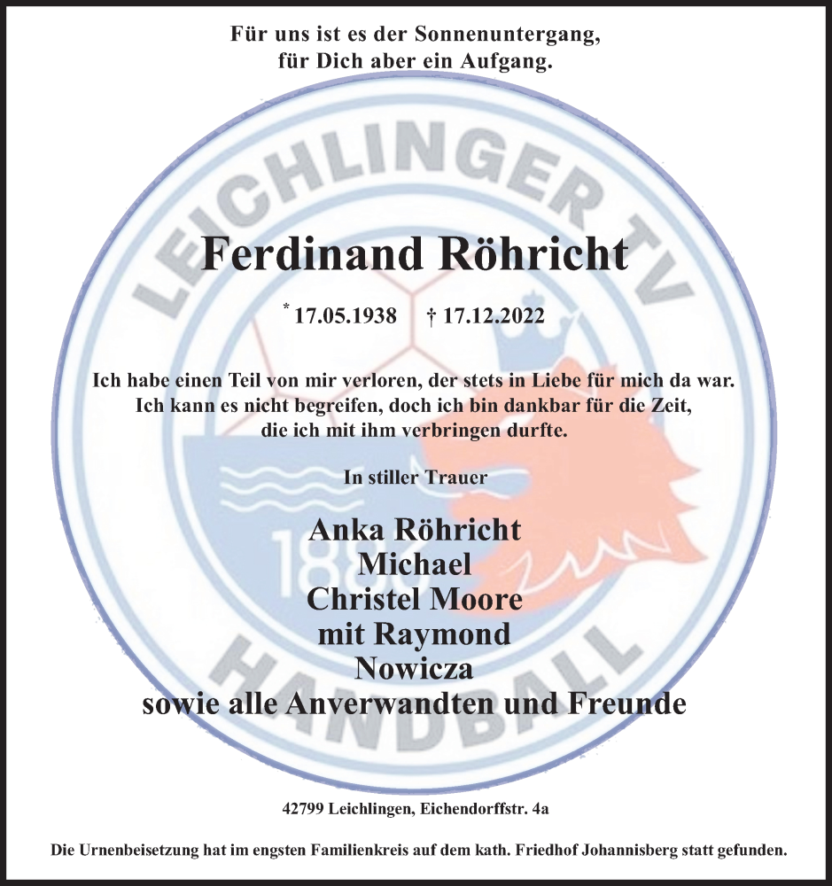  Traueranzeige für Ferdinand Röhricht vom 04.02.2023 aus Kölner Stadt-Anzeiger / Kölnische Rundschau / Express