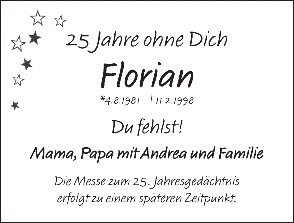  Traueranzeige für Florian  vom 10.02.2023 aus  Schlossbote/Werbekurier 