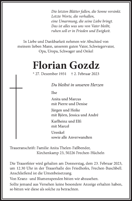 Anzeige von Florian Gozdz von  Extra Blatt 