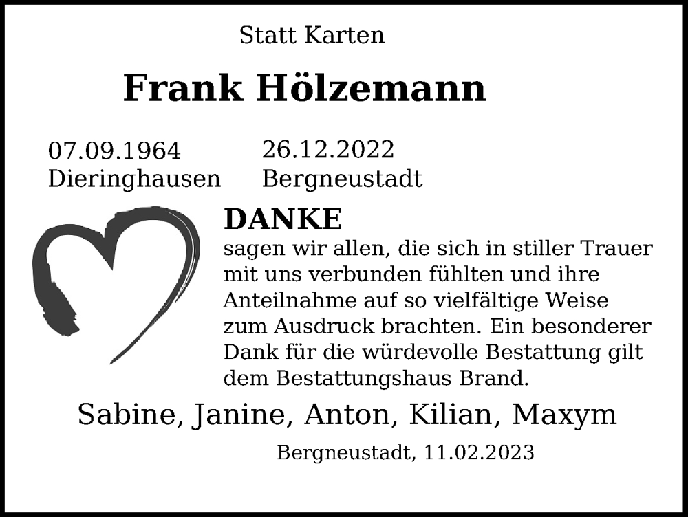  Traueranzeige für Frank Hölzemann vom 14.02.2023 aus Kölner Stadt-Anzeiger / Kölnische Rundschau / Express