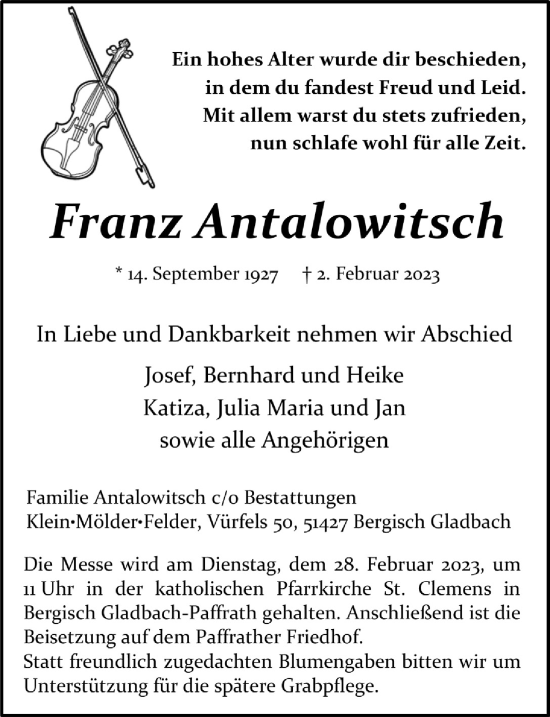 Anzeige von Franz Antalowitsch von  Bergisches Handelsblatt 