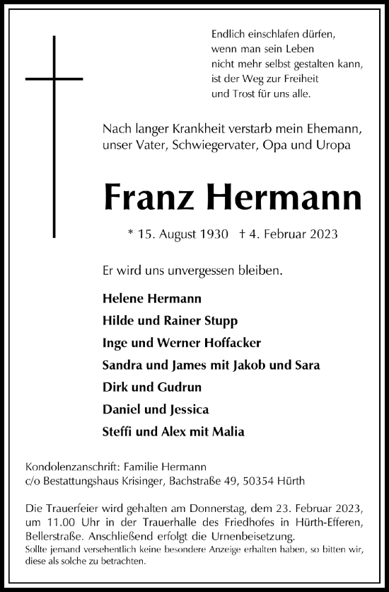 Anzeige von Franz Hermann von  Wochenende 