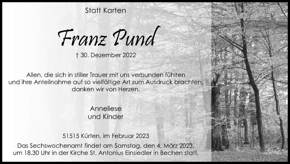  Traueranzeige für Franz Pund vom 04.02.2023 aus Kölner Stadt-Anzeiger / Kölnische Rundschau / Express