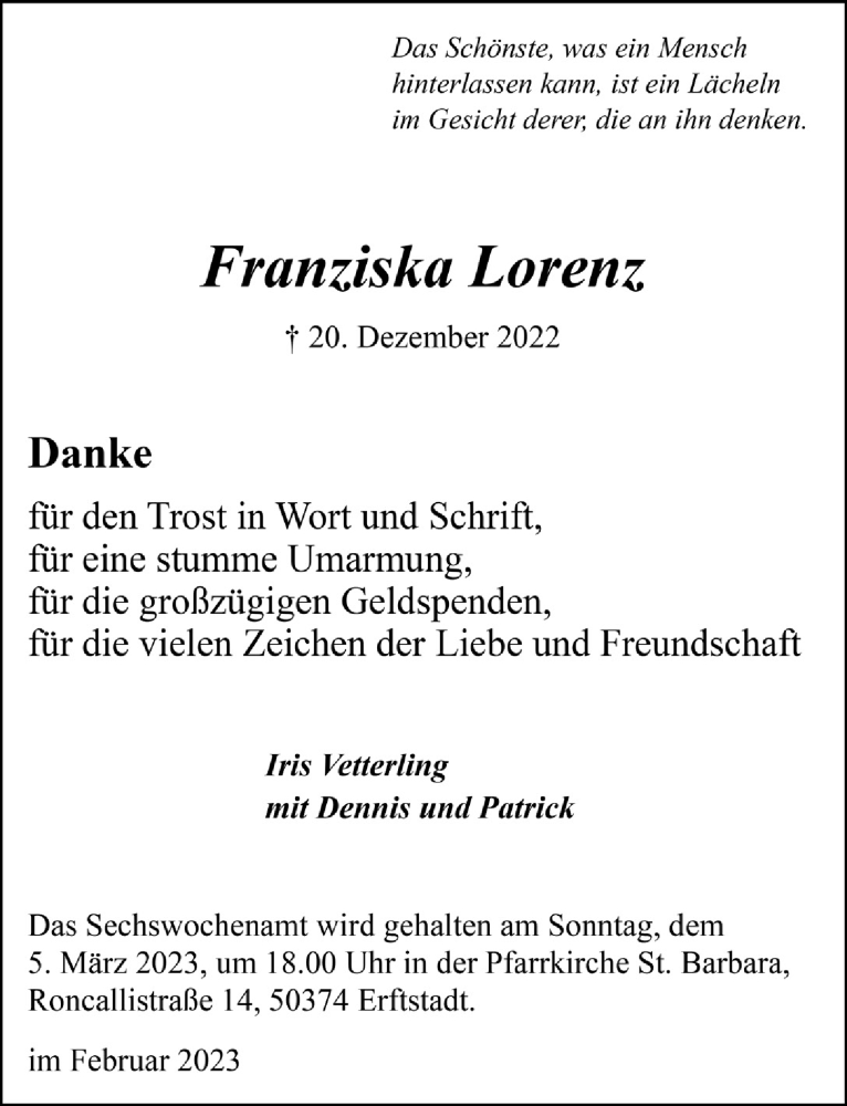  Traueranzeige für Franziska Lorenz vom 24.02.2023 aus  Werbepost 