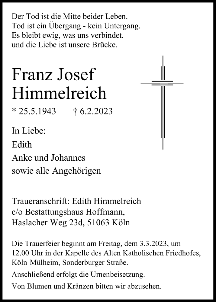  Traueranzeige für Franz Josef Himmelreich vom 25.02.2023 aus Kölner Stadt-Anzeiger / Kölnische Rundschau / Express