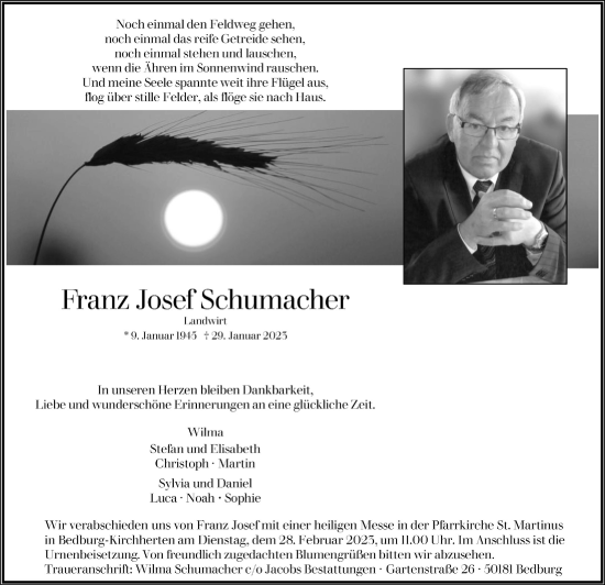 Anzeige von Franz Josef Schumacher von  Werbepost 