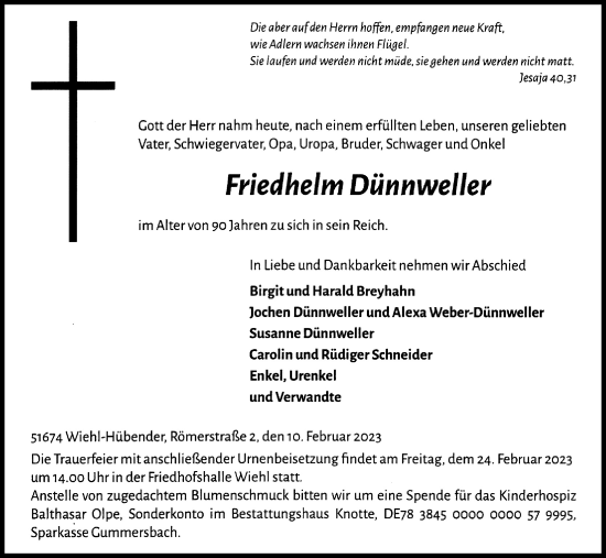 Anzeige von Friedhelm Dünnweller von Kölner Stadt-Anzeiger / Kölnische Rundschau / Express