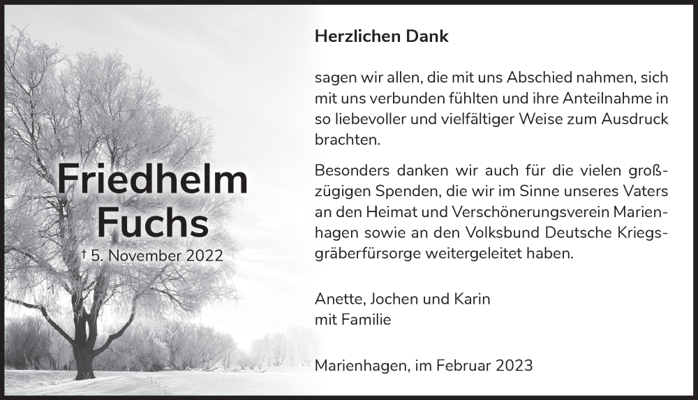  Traueranzeige für Friedhelm Fuchs vom 10.02.2023 aus  Anzeigen Echo 