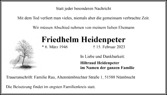 Anzeige von Friedhelm Heidenpeter von  Lokalanzeiger 
