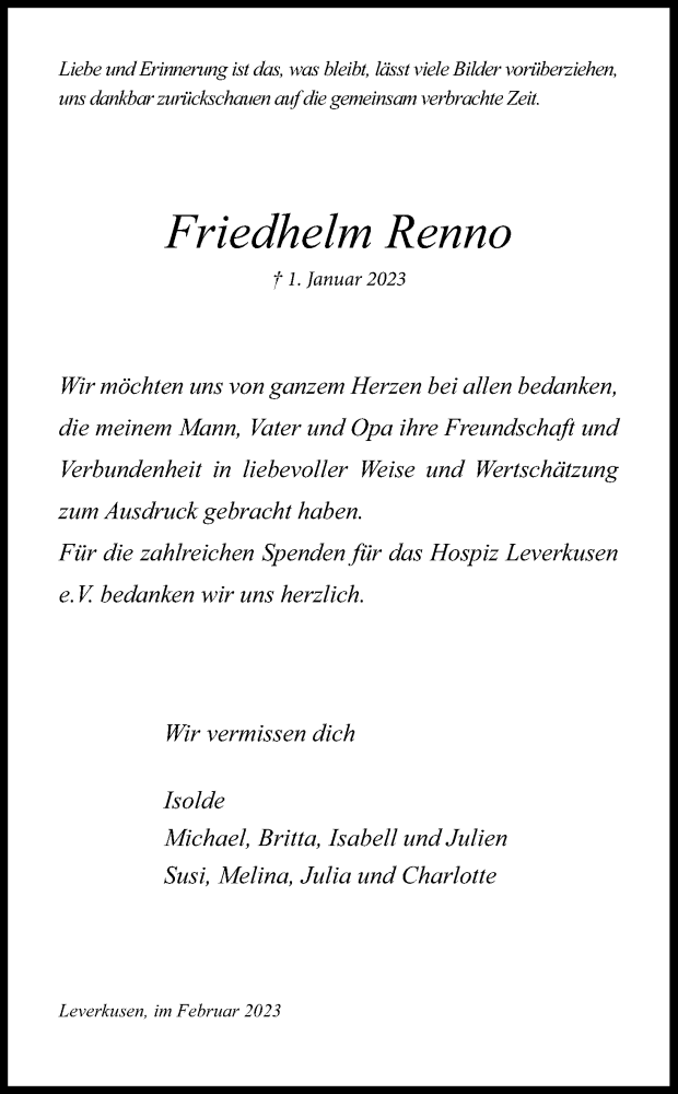  Traueranzeige für Friedhelm Renno vom 04.02.2023 aus Kölner Stadt-Anzeiger / Kölnische Rundschau / Express