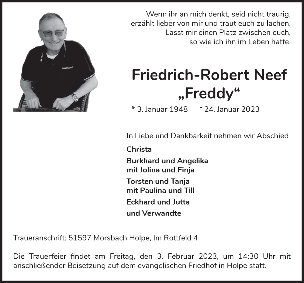  Traueranzeige für Friedrich-Robert Neef vom 03.02.2023 aus  Lokalanzeiger 