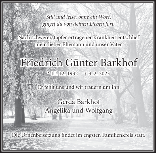 Anzeige von Friedrich Günter Barkhof von  Schlossbote/Werbekurier 