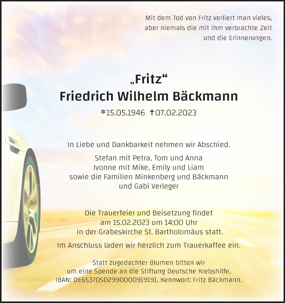  Traueranzeige für Friedrich Wilhelm Bäckmann vom 11.02.2023 aus Kölner Stadt-Anzeiger / Kölnische Rundschau / Express