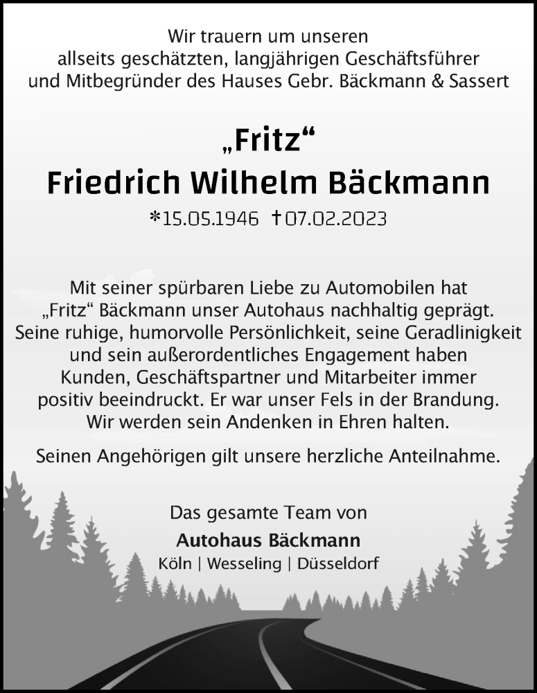  Traueranzeige für Friedrich Wilhelm Bäckmann vom 11.02.2023 aus Kölner Stadt-Anzeiger / Kölnische Rundschau / Express