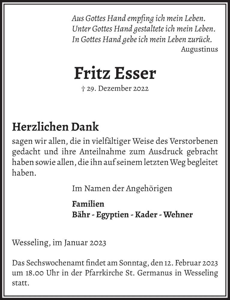  Traueranzeige für Fritz Esser vom 03.02.2023 aus  Schlossbote/Werbekurier 