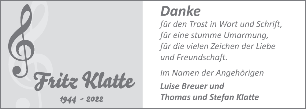 Traueranzeige für Fritz Klatte vom 10.02.2023 aus  Werbepost 