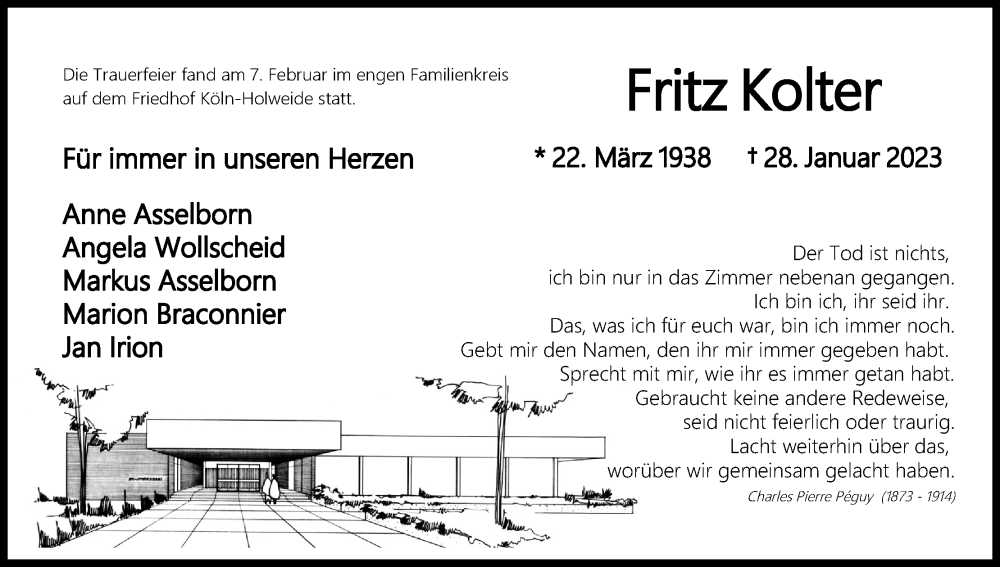  Traueranzeige für Fritz Kolter vom 11.02.2023 aus Kölner Stadt-Anzeiger / Kölnische Rundschau / Express