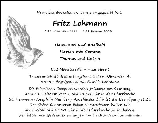 Anzeige von Fritz Lehmann von Kölner Stadt-Anzeiger / Kölnische Rundschau / Express