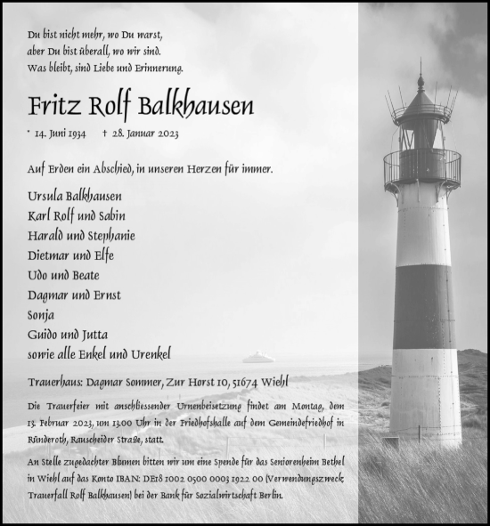 Anzeige von Fritz Rolf Balkhausen von  Anzeigen Echo 