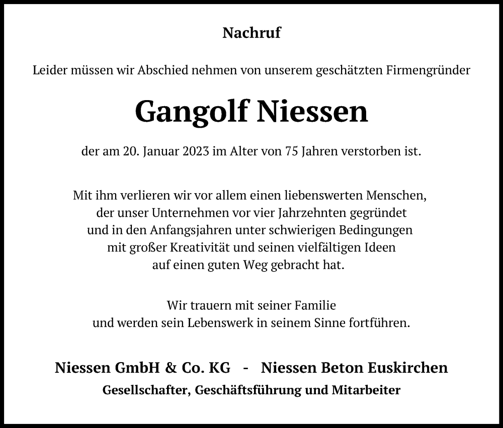  Traueranzeige für Gangolf Niessen vom 11.02.2023 aus Kölner Stadt-Anzeiger / Kölnische Rundschau / Express