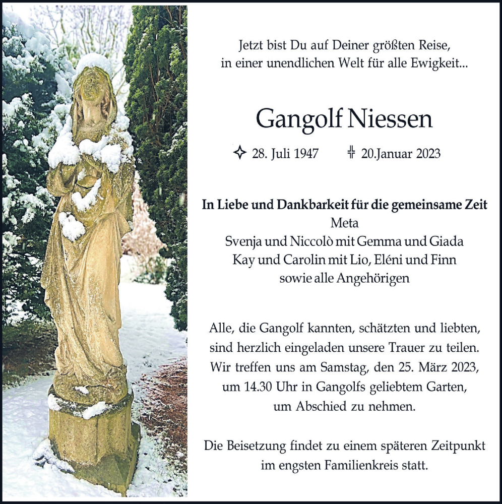  Traueranzeige für Gangolf Niessen vom 04.02.2023 aus  Blickpunkt Euskirchen 