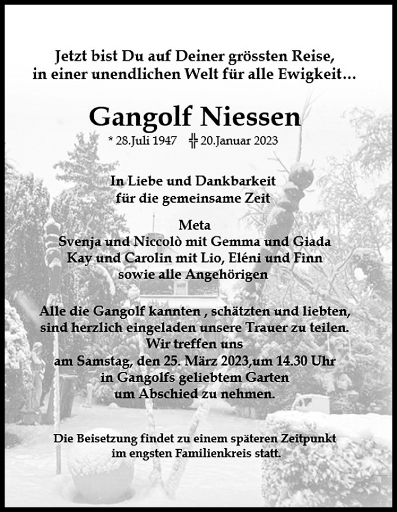  Traueranzeige für Gangolf Niessen vom 04.02.2023 aus Kölner Stadt-Anzeiger / Kölnische Rundschau / Express