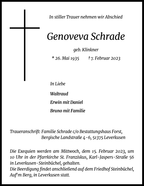 Anzeige von Genoveva Schrade von Kölner Stadt-Anzeiger / Kölnische Rundschau / Express