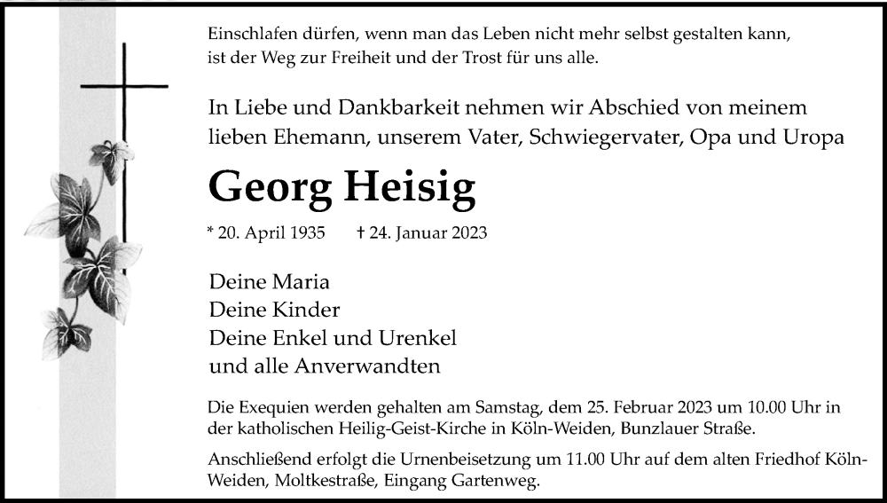  Traueranzeige für Georg Heisig vom 18.02.2023 aus Kölner Stadt-Anzeiger / Kölnische Rundschau / Express