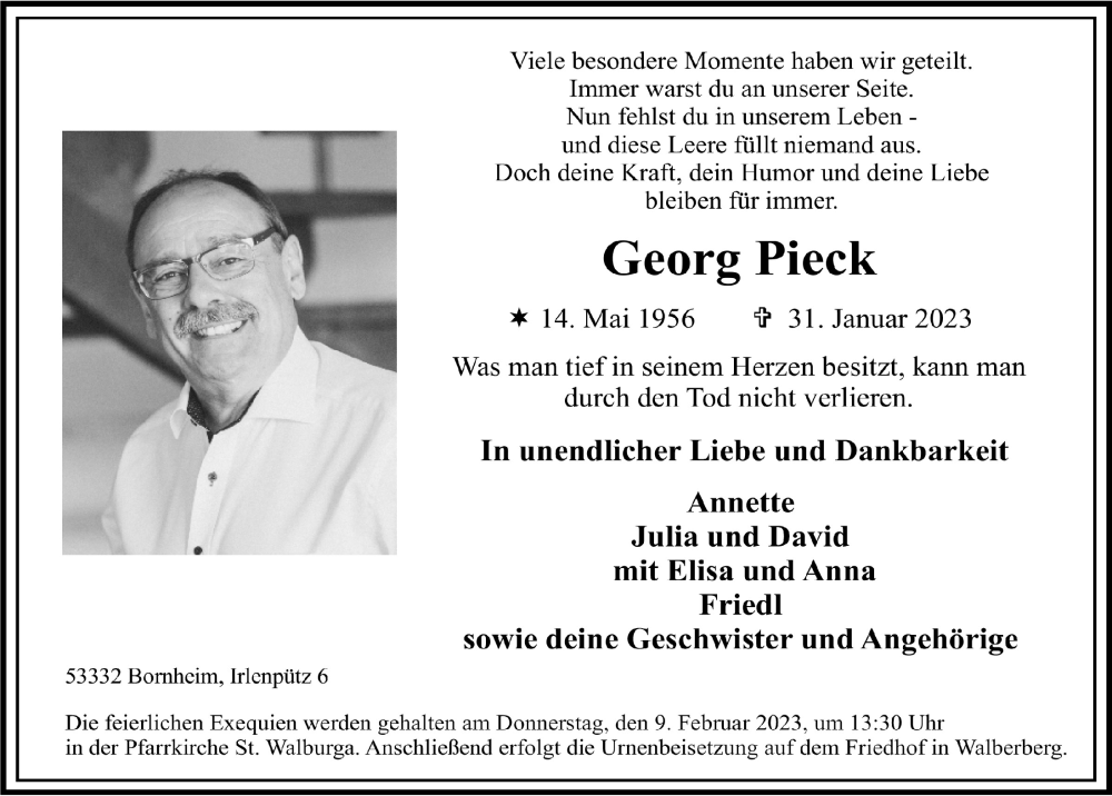  Traueranzeige für Georg Pieck vom 03.02.2023 aus  Schlossbote/Werbekurier 