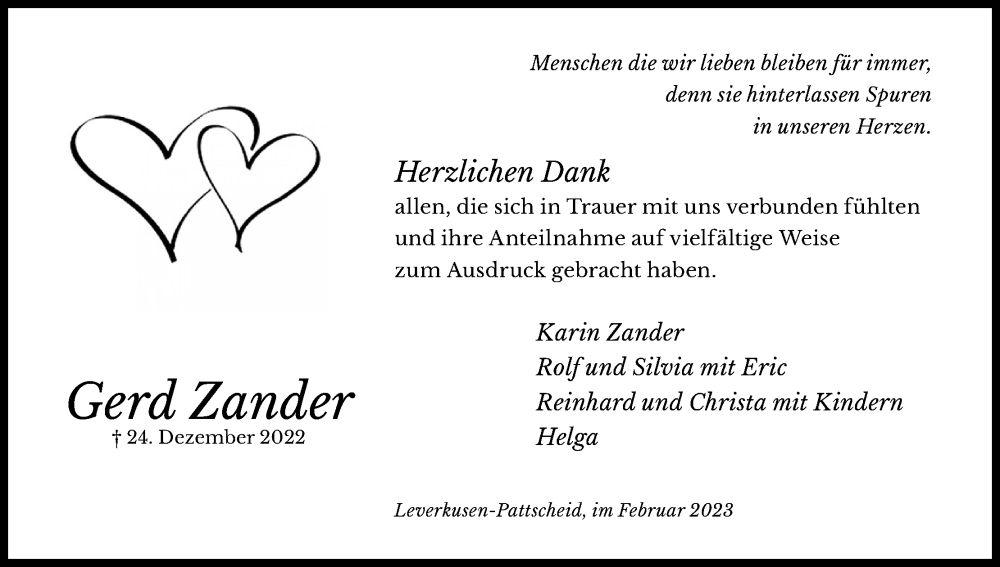  Traueranzeige für Gerd Zander vom 11.02.2023 aus Kölner Stadt-Anzeiger / Kölnische Rundschau / Express
