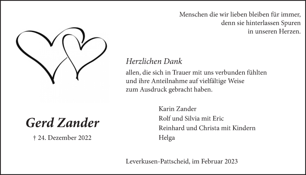  Traueranzeige für Gerd Zander vom 10.02.2023 aus  Lokale Informationen 