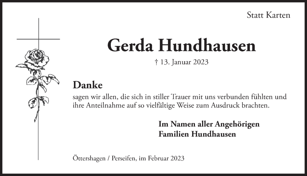 Traueranzeige für Gerda Hundhausen vom 17.02.2023 aus  Lokalanzeiger 