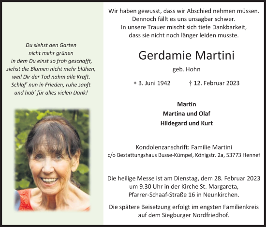 Anzeige von Gerdamie Martini von Kölner Stadt-Anzeiger / Kölnische Rundschau / Express