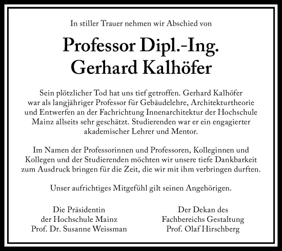 Anzeige von Gerhard Kalhöfer von Kölner Stadt-Anzeiger / Kölnische Rundschau / Express