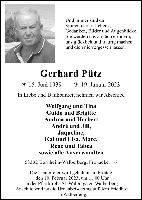 Anzeige von Gerhard Pütz von  Schlossbote/Werbekurier 