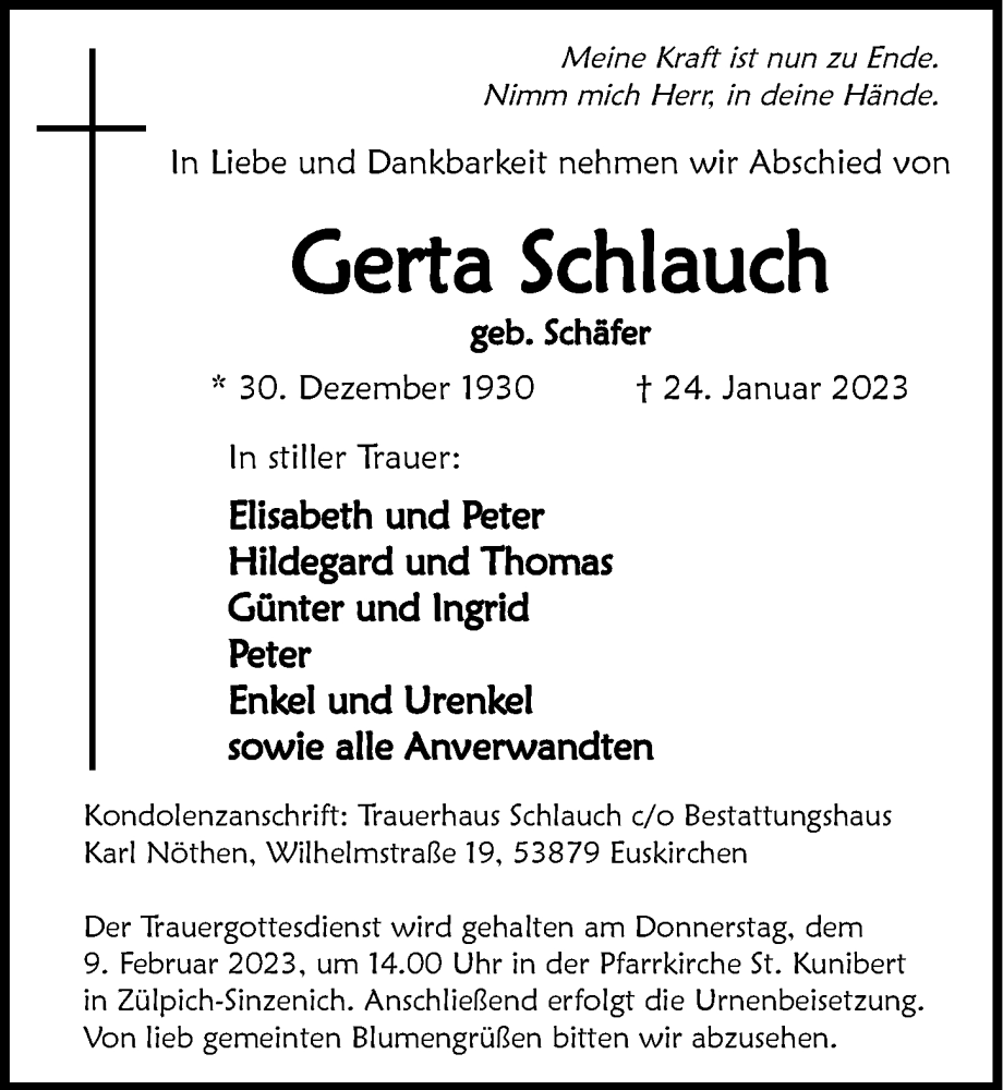  Traueranzeige für Gerta Schlauch vom 04.02.2023 aus  Blickpunkt Euskirchen 